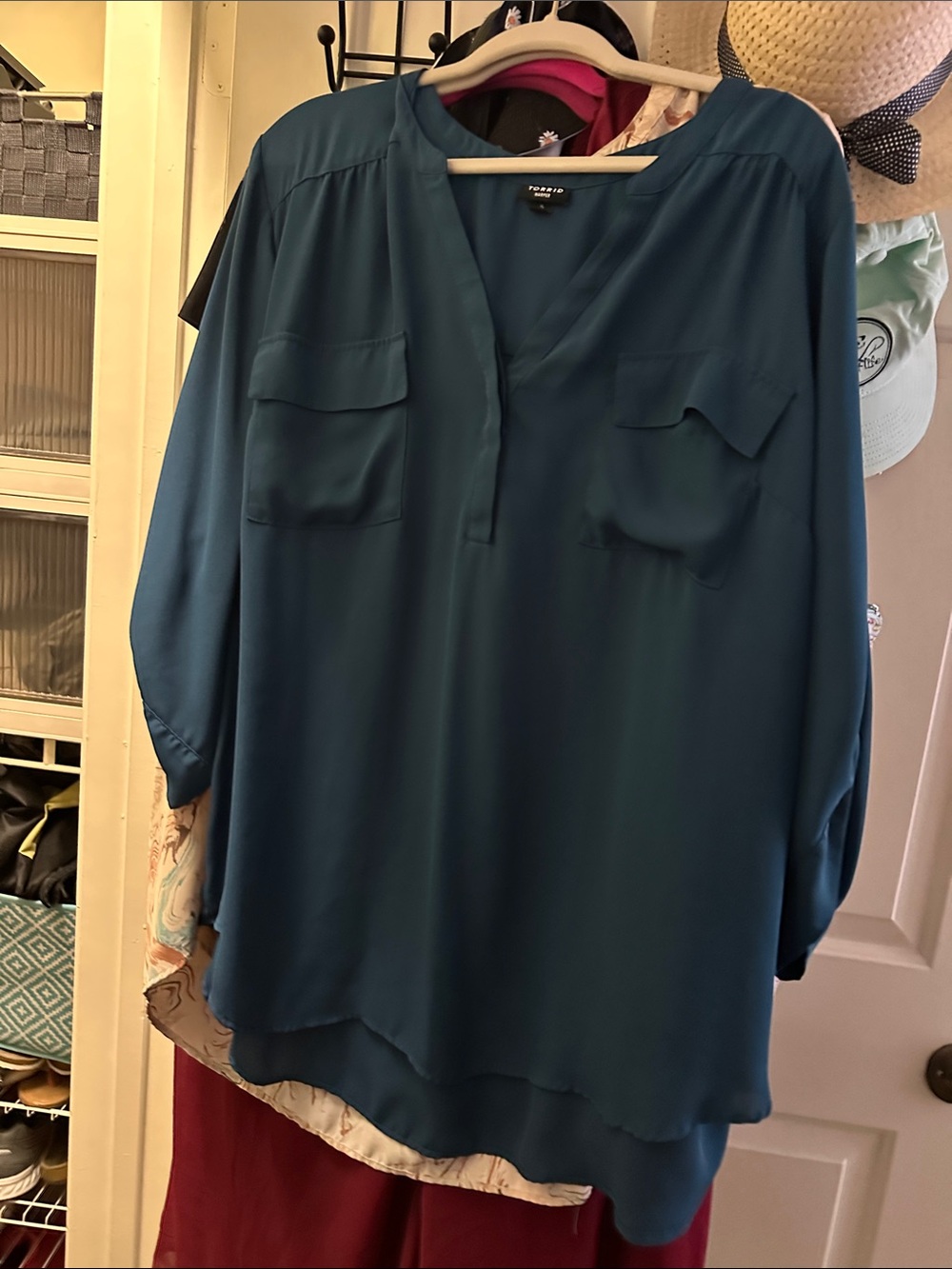 Nordstrom Teal Split-Neck Long Sleeve Blouse